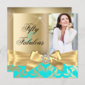 Invitation Fabuleux 50ème Turquoise Gold Leaf & Bow 50ème ann (Devant / Derrière)