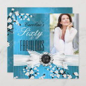 Invitation Fabuleux 60 Photo Elegant Blue Blossom Anniversair (Devant / Derrière)