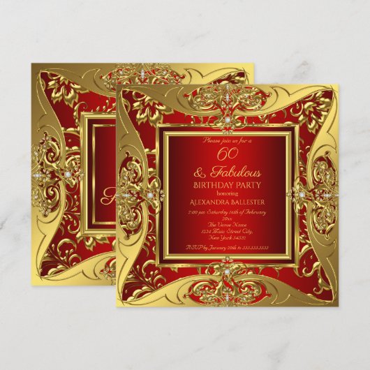 Invitation Fabuleux 60 Red Gold Floral fête d'anniversaire (Devant / Derrière)