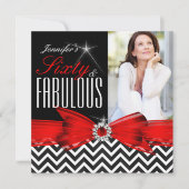 Invitation Fabuleux 60 Rouge Chevron Noir Blanc Anniversaire  (Devant)