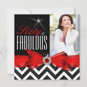 Invitation Fabuleux 60 Rouge Chevron Noir Blanc Anniversaire