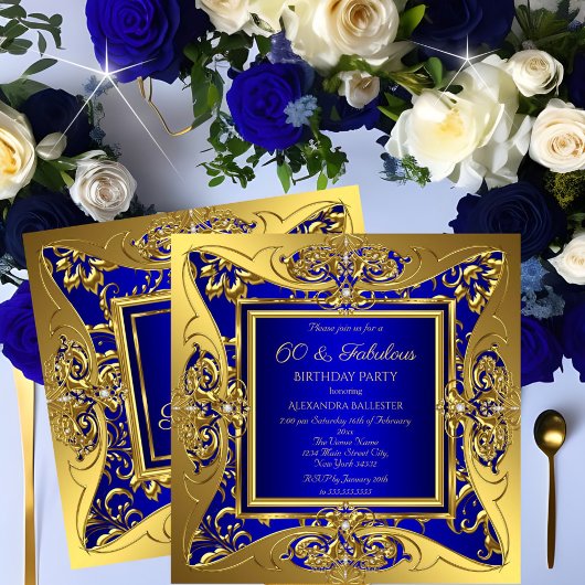 Invitation Fabuleux 60 Royal Blue Gold Floral fête d'annivers