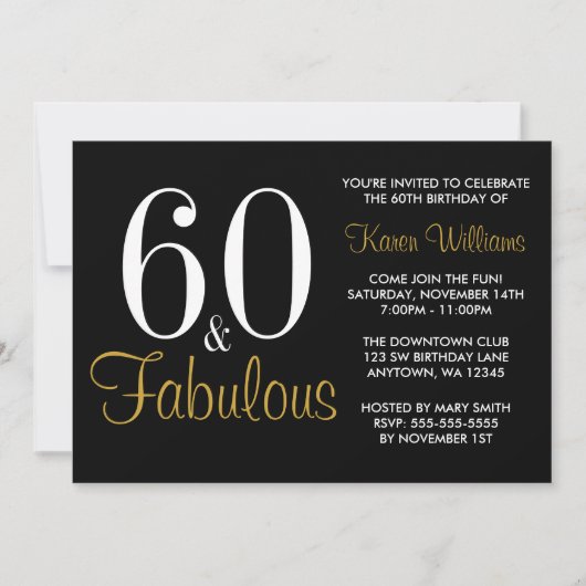 Invitation Fabuleux 60e fête d'anniversaire Black and Gold (Devant)