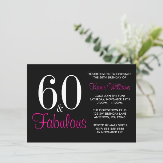 Invitation Fabuleux 60e fête d'anniversaire rose noir (Debout devant)