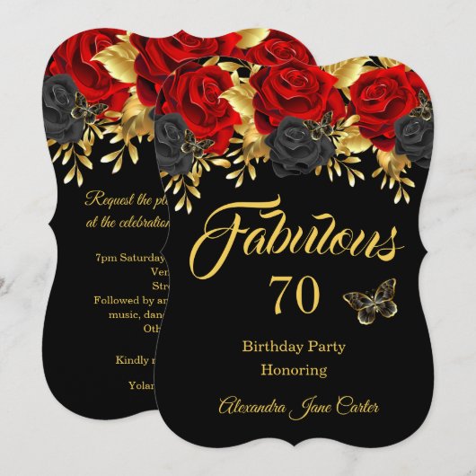 Invitation Fabuleux 70e anniversaire Rose rouge noir papillon (Devant / Derrière)