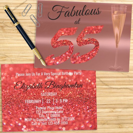 Invitation Fabuleux à 55 Anniversaire Coral Parties scintilla