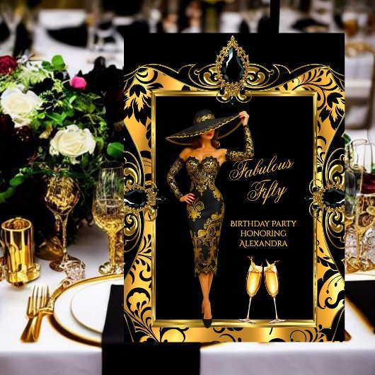 Invitation Fabuleux Anniversaire Black Gold Damask Champagne
