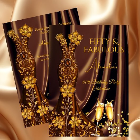 Invitation Fabuleux Anniversaire Caramel Robe d'or Champagne