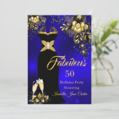Invitation Fabuleux Anniversaire Champagne Blue Gold Floral (Debout devant)