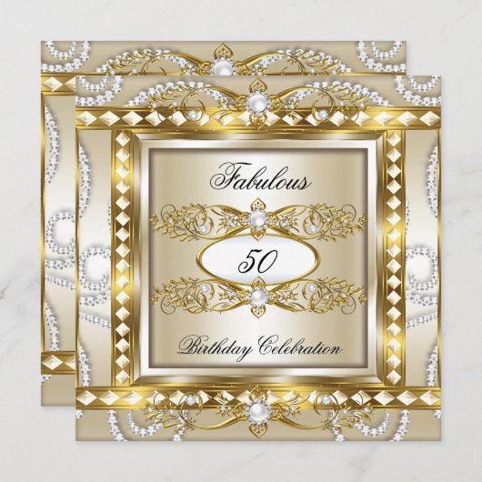 Invitation Fabuleux Anniversaire Crème Diamond Pearl Or (Devant / Derrière)