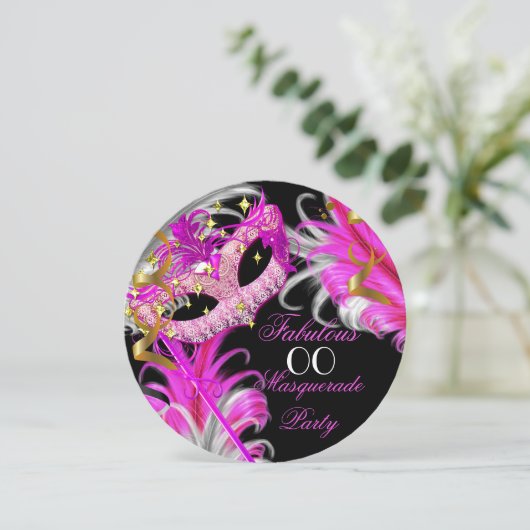 Invitation Fabuleux anniversaire Hot Pink Gold Masquerade Par (Debout devant)