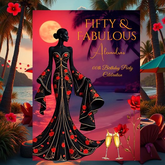 Invitation Fabuleux Anniversaire Lune Plage Black Red Gold