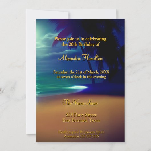 Invitation Fabuleux Anniversaire Lune Plage Jaune Or Bleu (Dos)