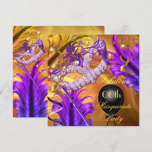 Invitation Fabuleux Anniversaire Masquerade Party Purple Gold (Devant / Derrière)