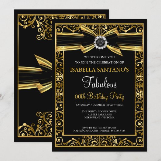 Invitation Fabuleux Anniversaire Pearl Gold Lace Bow Invitati (Devant / Derrière)