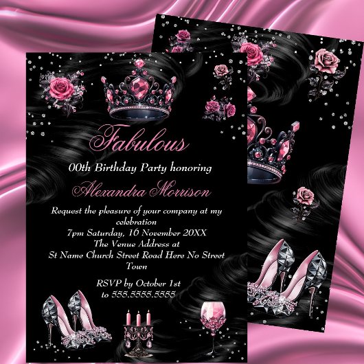 Invitation Fabuleux anniversaire Pink Silver Black Tiara talo