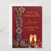 Invitation Fabuleux Anniversaire Rouge Gems Gold Robe Champag (Devant)