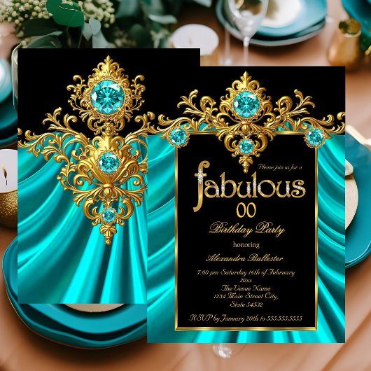 Invitation Fabuleux Anniversaire Turquoise Bleu Silk Gold Gem