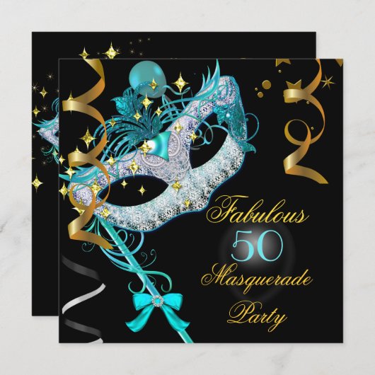 Invitation Fabuleux Anniversaire Turquoise Gold Black Masquer (Devant / Derrière)