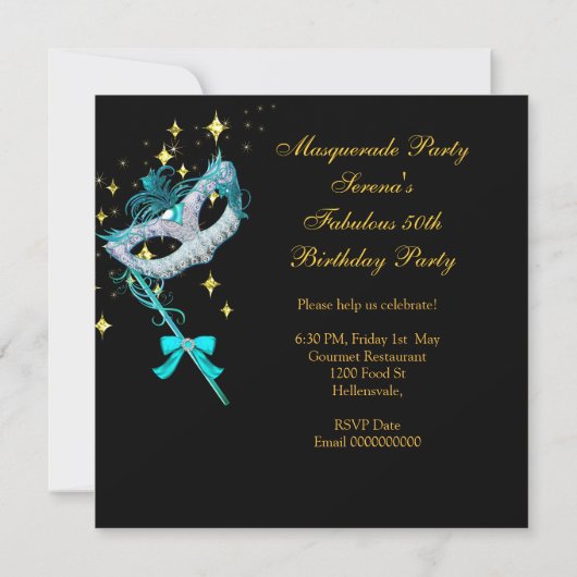 Invitation Fabuleux Anniversaire Turquoise Gold Black Masquer (Dos)