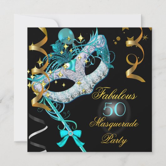 Invitation Fabuleux Anniversaire Turquoise Gold Black Masquer (Devant)