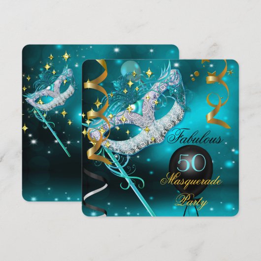 Invitation Fabuleux Anniversaire Turquoise Gold Masquerade Pa (Devant / Derrière)