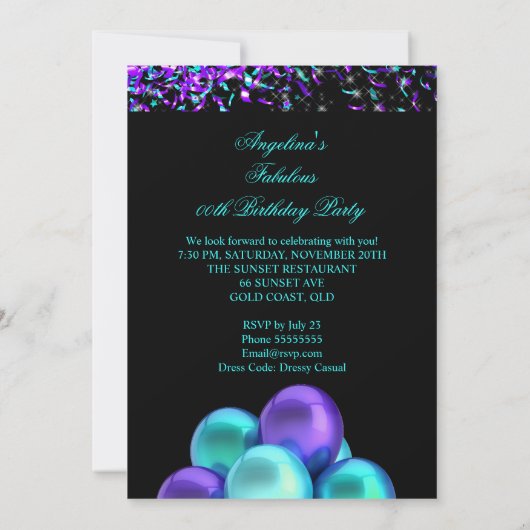 Invitation Fabuleux Balloons Turquoises en eau violette Anniv (Dos)