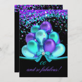 Invitation Fabuleux Balloons Turquoises en eau violette Anniv (Devant / Derrière)