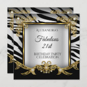Invitation Fabuleux Black White Zebra Gold 21e anniversaire (Devant / Derrière)