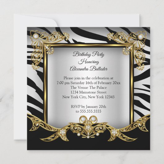 Invitation Fabuleux Black White Zebra Gold 21e anniversaire (Dos)