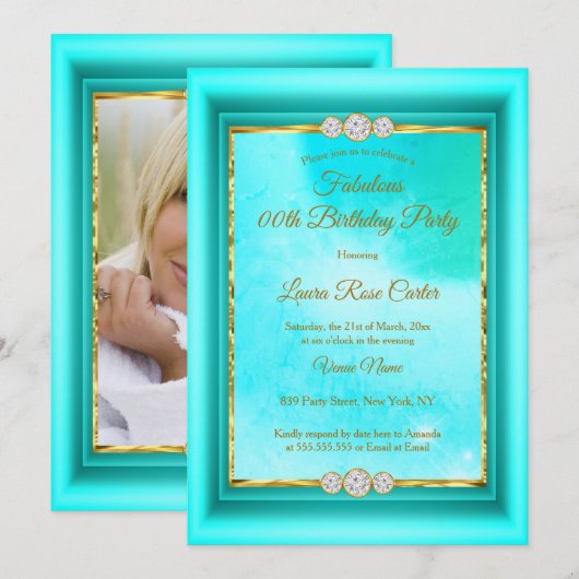 Invitation Fabuleux bleu turquoise Gold photo Anniversaire (Devant / Derrière)