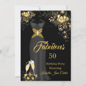 Invitation Fabuleux Champagne d'anniversaire Black Gold Flora (Devant)