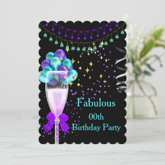 Invitation Fabuleux Champagne violet Turquoise fête d'anniver (Debout devant)