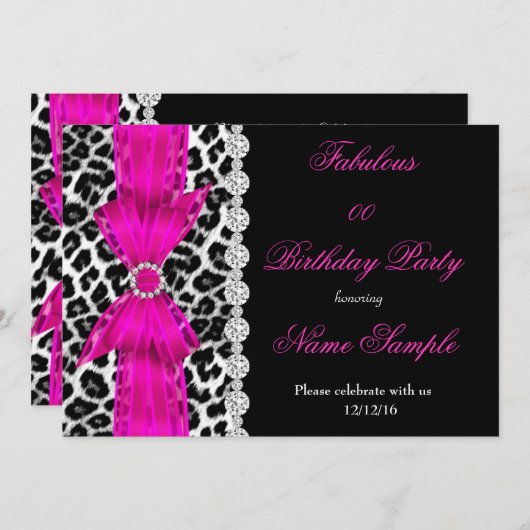 Invitation Fabuleux Chaud rose léopard fête d'anniversaire No (Devant / Derrière)