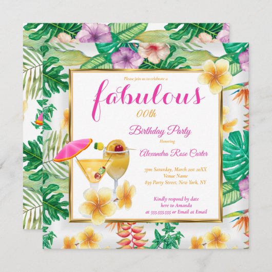 Invitation Fabuleux Cocktails tropicaux Fleurs (Devant / Derrière)