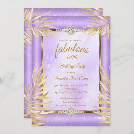Invitation Fabuleux diamant violet Gold Palms Party (Devant / Derrière)