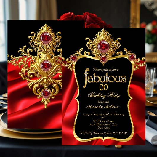 Invitation Fabuleux Elegant Anniversaire Rouge Silk Gold Gems