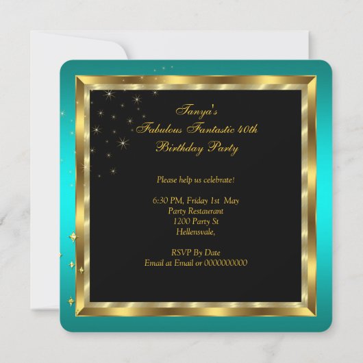 Invitation Fabuleux Fantastic Moderne Turquoise Bleu Noir Or (Dos)