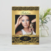 Invitation Fabuleux fête d'anniversaire Black Gold Floral Pho (Debout devant)