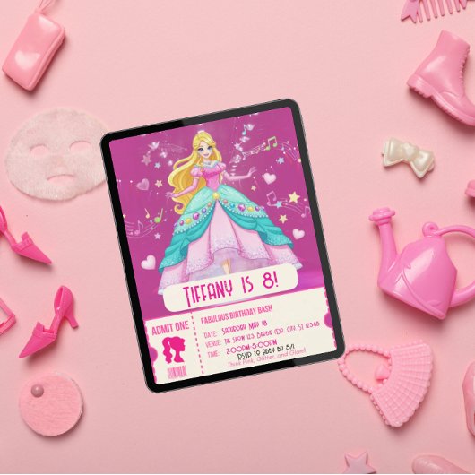 Invitation Fabuleux, fête d'anniversaire de poupée rose