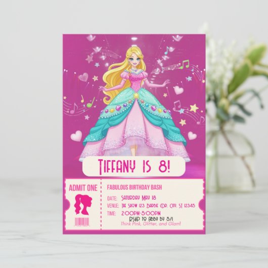 Invitation Fabuleux, fête d'anniversaire de poupée rose (Debout devant)