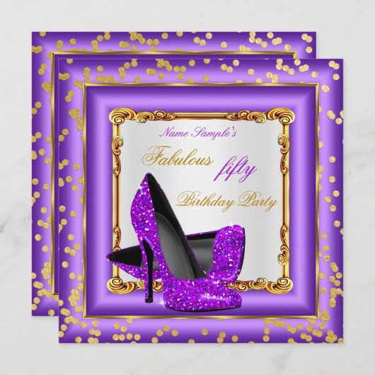 Invitation Fabuleux fête d'anniversaire violet or talons haut (Devant / Derrière)