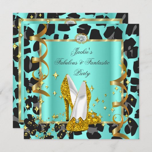 Invitation Fabuleux Leopard Turquoise Jaune d'or fête d'anniv (Devant / Derrière)