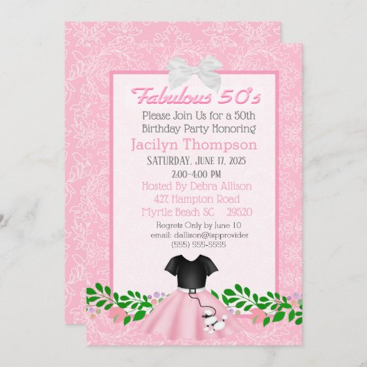 Invitation Fabuleux les années 50 Poodle Jupe Anniversaire In (Devant / Derrière)