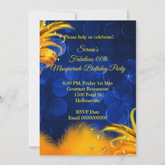 Invitation Fabuleux Mascarade bleu jaune fête d'anniversaire (Dos)