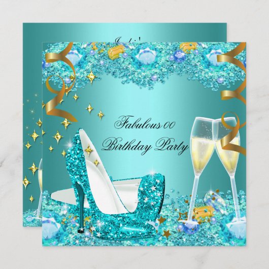 Invitation Fabuleux Parties scintillant Bleue Turquoise Haut  (Devant / Derrière)