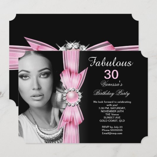 Invitation Fabuleux Photo Anniversaire Soft Pink Black (Devant / Derrière)