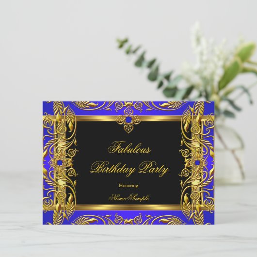 Invitation Fabuleux Royal Blue Black Gold fête d'anniversaire (Debout devant)