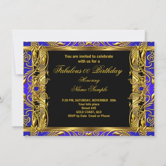 Invitation Fabuleux Royal Blue Black Gold fête d'anniversaire (Dos)