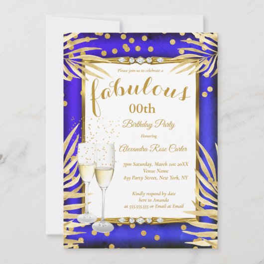 Invitation Fabuleux Royal Blue Gold Palms Champagne Party (Devant)